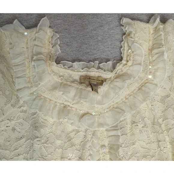 American Rag-Cie Ivory Floral Lace top Nylon/Spandex Medium Sequins, Ruffles - Picture 3 of 8